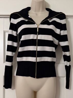 Marc New York Black & White Striped Knit Zip-Up Jacket